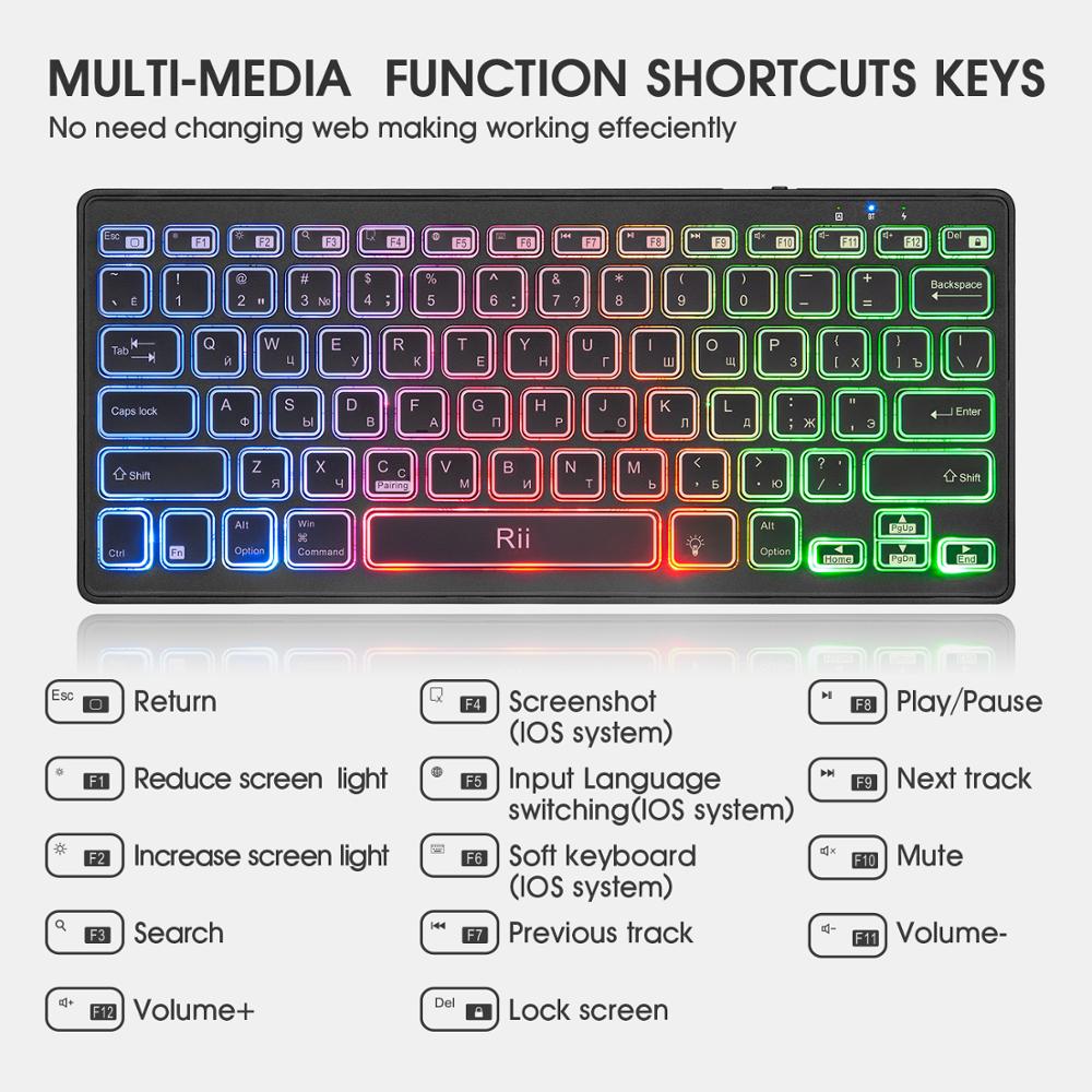 Rii K09 Bluetooth Mini Wireless LED Backlit Russian Keyboard With Rechargeable For iOS Android Tv Box