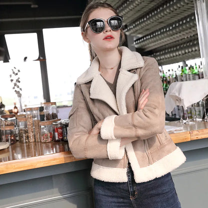 Faux Sheepskin Coat Women Suede Jacket Short Fur Korean Lamb Locomotive Fashion Fur Warm Leather Jacket JS3001