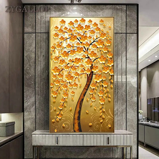 Tree of Golden Flowers Canvas Art Painting Abstract Tree Wall Art Poster and Prints Cuadro Aisle Living Room Decorative Pictures