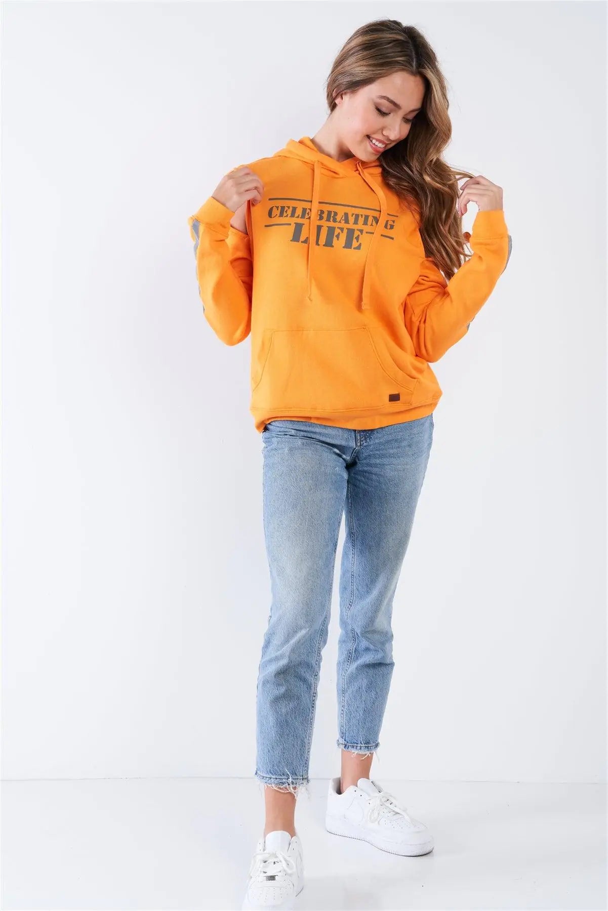 Orange Long Sleeve Adjustable Buckle Cold Shoulder "Celebrating Life" Hoodie