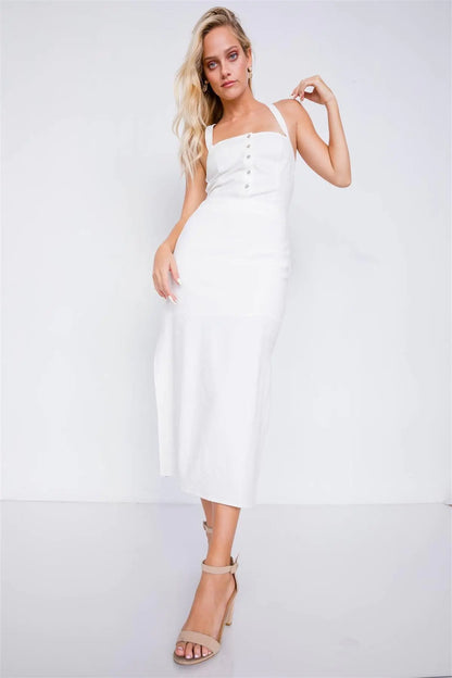 Off-White Linen Lace-Up Open Back Midi Slit Casual Chic Dress /3-2-1