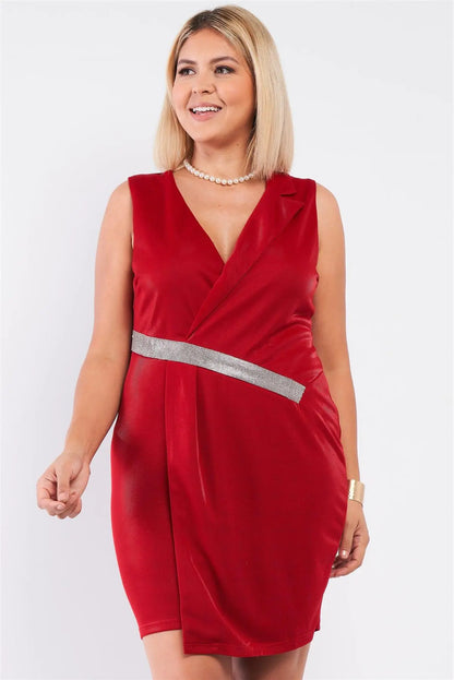 Plus Size Deep Red V-Neck Asymmetrical Wrap Rhinestones Detail Fitted Mini Blazer Dress