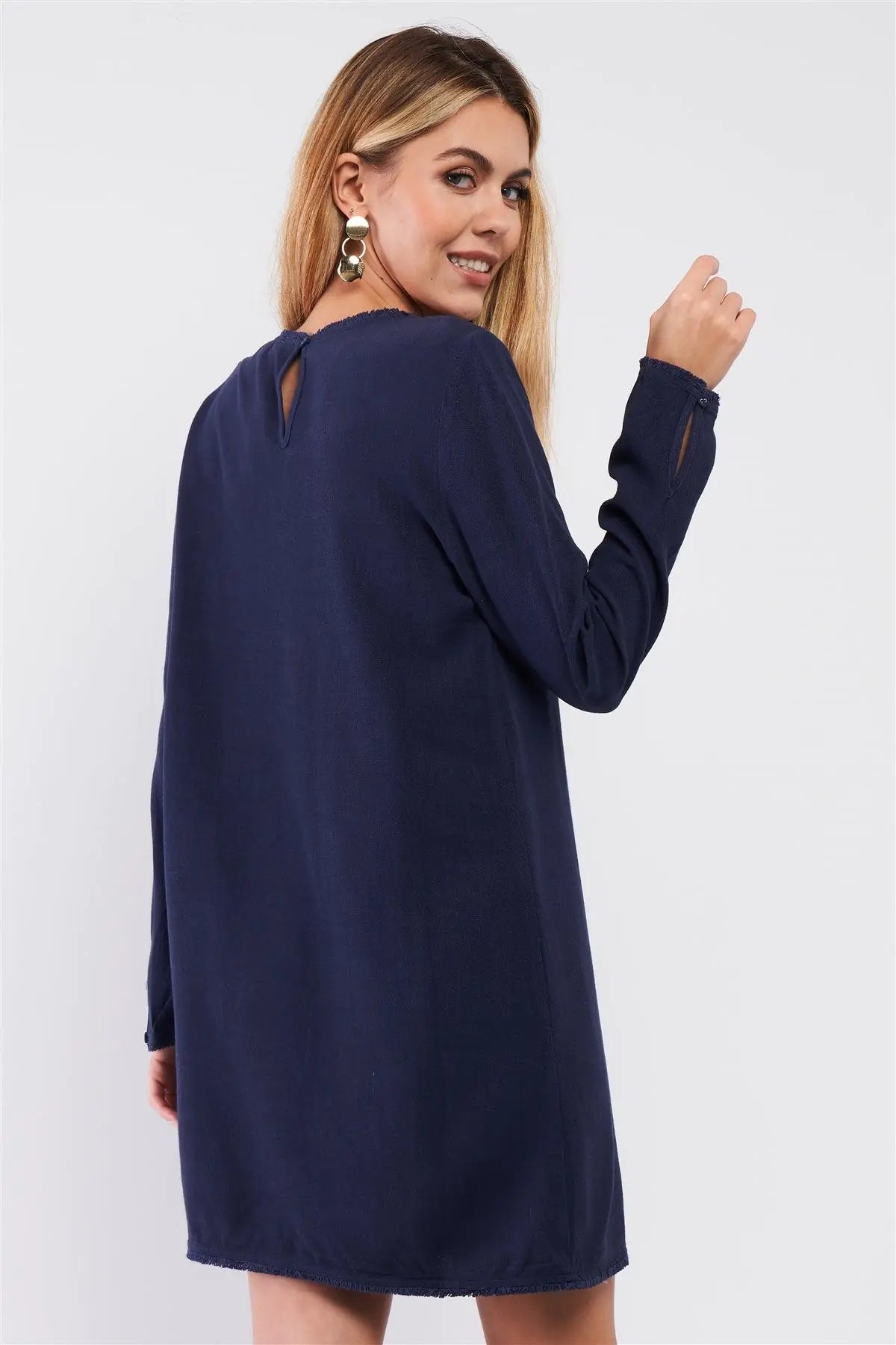 Plain Eco Navy Blue Linen Shredded Hem Detail Round Neck Relaxed Fit Long Sleeve Mini Dress