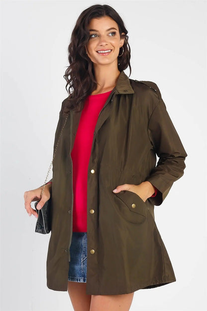 Olive Glossy Drawstring Trim Button-Down Coach Rain Coat Jacket /1-2-2