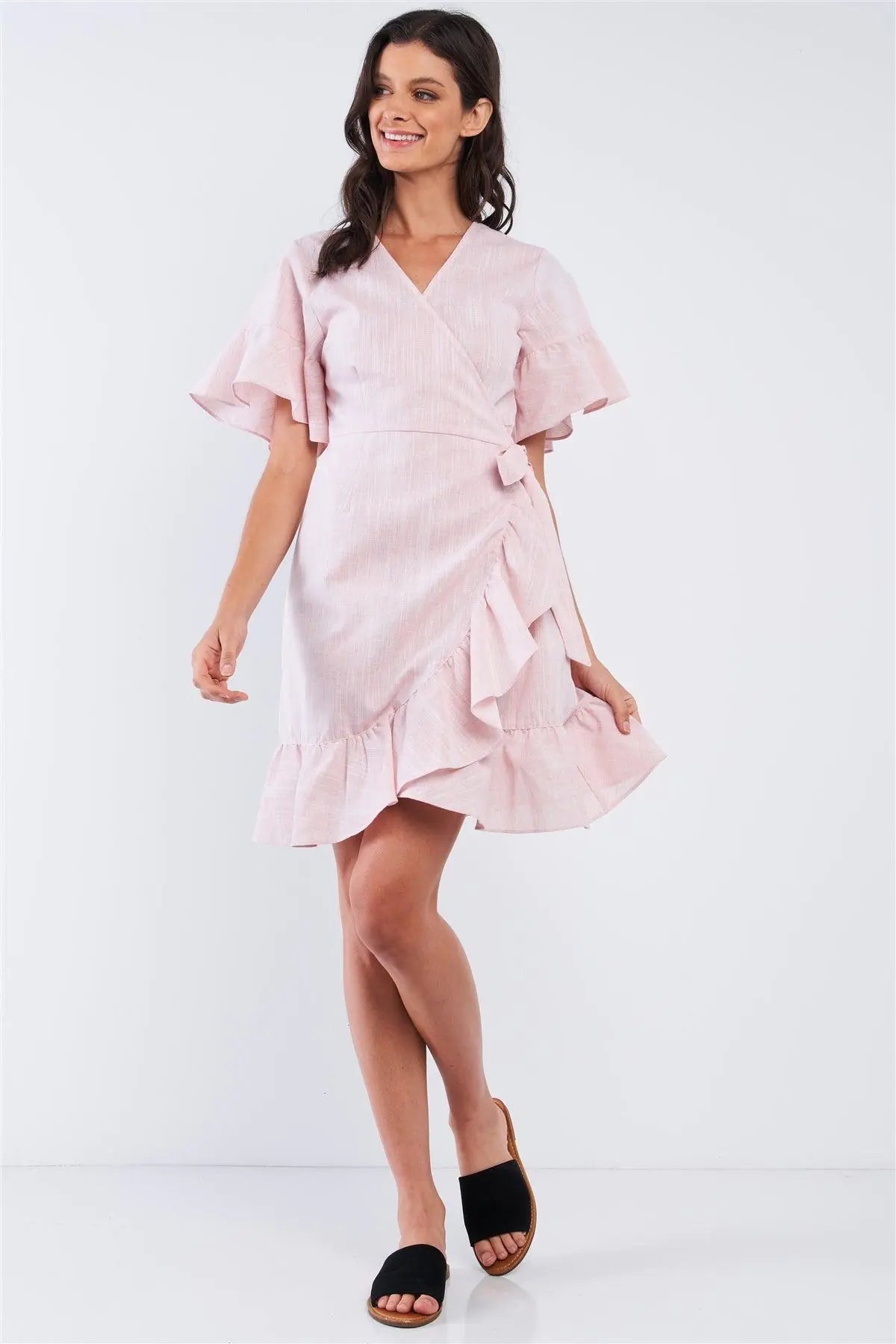 Pastel Pink Deep Plunge V-Neck Ruffle Hem Self-Tie Waist Wrap Mini Dress /2-3