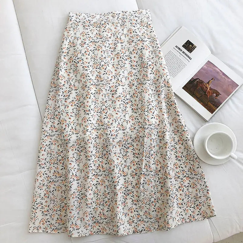 Korean Vintage Floral Slim Versatile High Waist Female Skirt