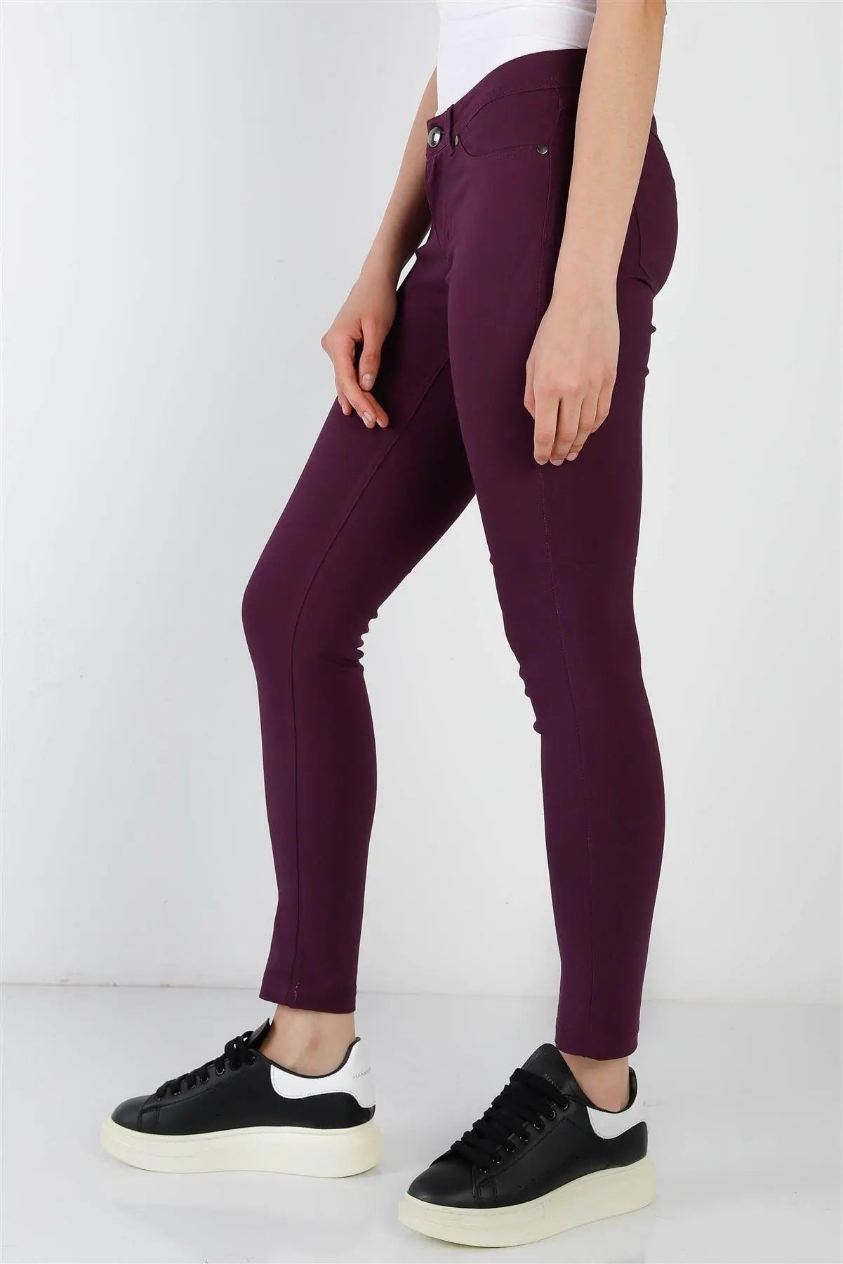 Purple Plum Contrast Button Mid Rise Skinny Pants