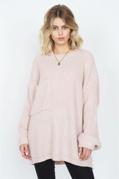 Taupe Rose Knit Relaxed Fit Puff Sleeve Comfy Sweater