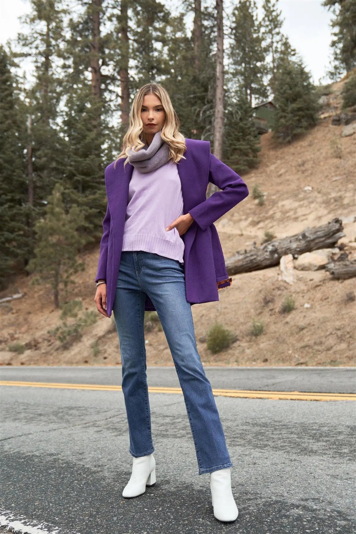 Purple Oversized Collar Long Sleeve Self-Belt Buckles Short Coat /1-2-2