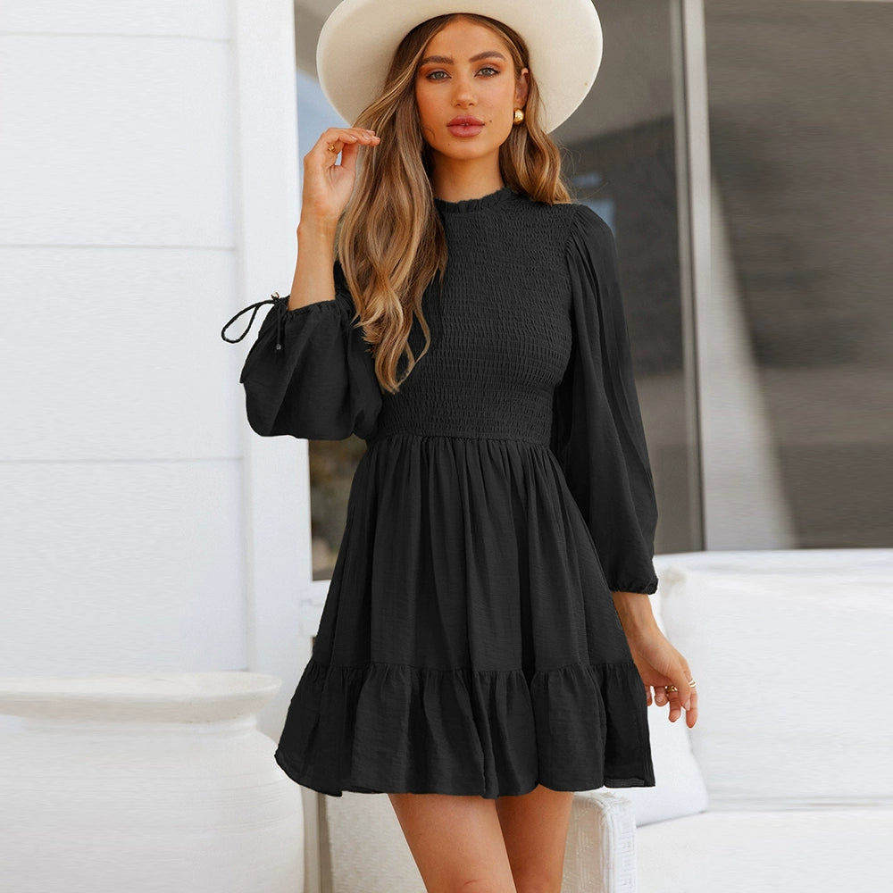 Fashion Smocking Stylish Carrying Strap Knee Length Long Sleeves Dress