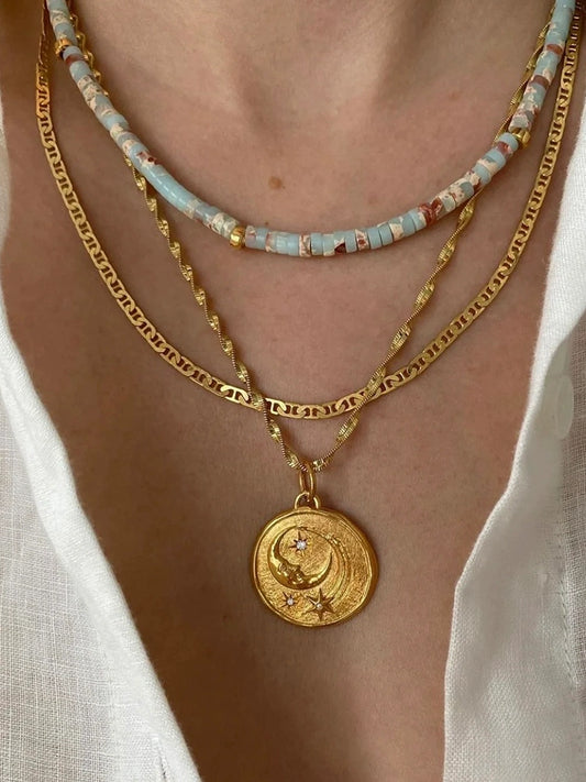 Fashion Turquoise Star Moon Necklace Women's Light Luxury Minority Vintage Gold Coin Non-Fading Pendant Twin Clavicle Necklace