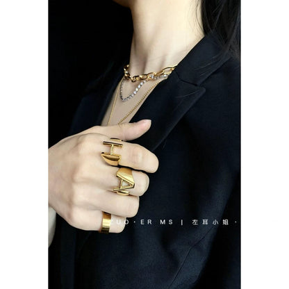 Women's Exaggerated Gold-Plated Open Adjustable Ring with Letters