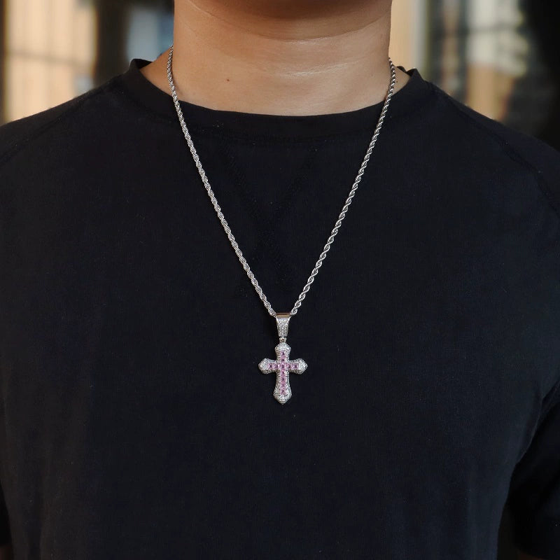 INS Pink Blue Cross Pendant Necklace with Zircon