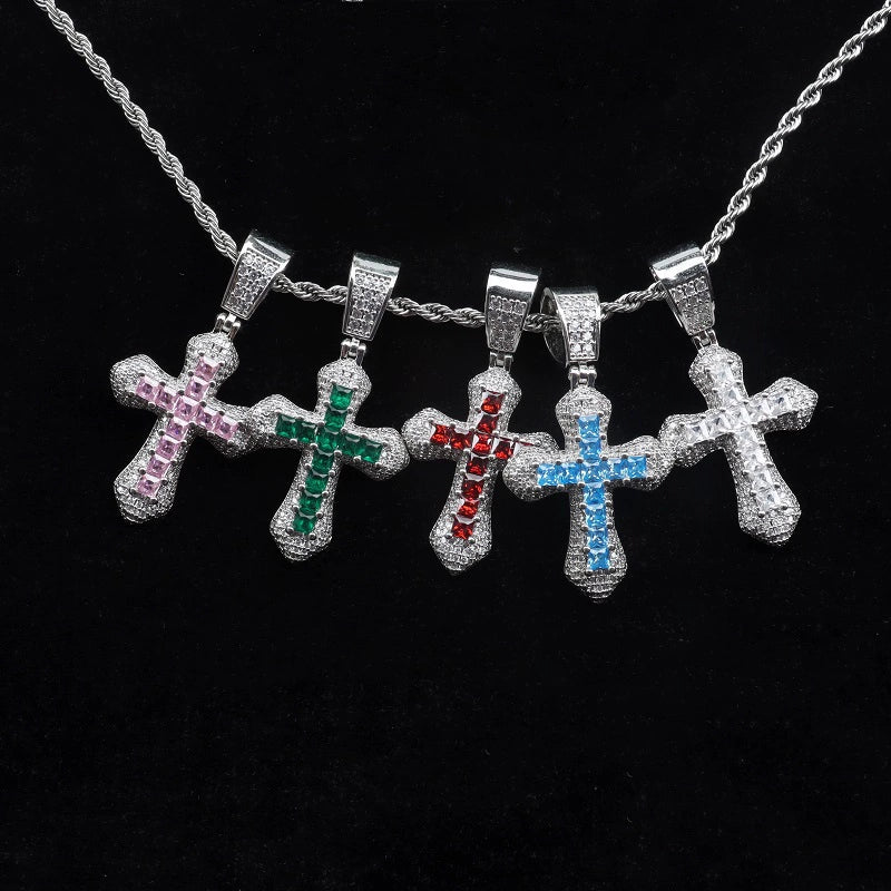 INS Pink Blue Cross Pendant Necklace with Zircon