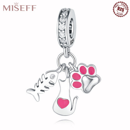 Missif Original 925 Sterling Silver Cute Cat And Dog Bone Paw Print Pendant DIY Bracelet Jewelry Accessories Pendant For Women