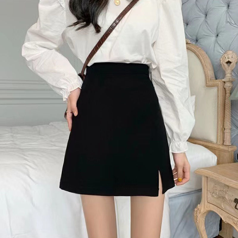 Spring 2022 New High-waisted Slim Skirt College Style A-line Skirt Split Black Bag Hip Short Skirt Summer