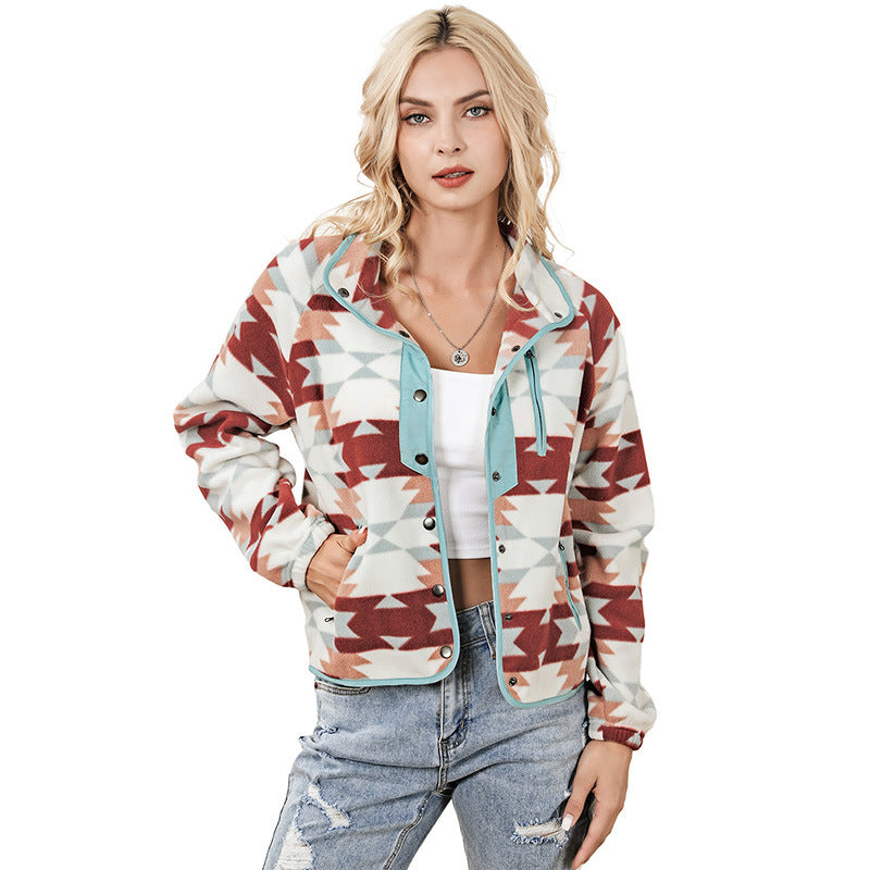 Western Style Color Matching Fleece Jacket For Women