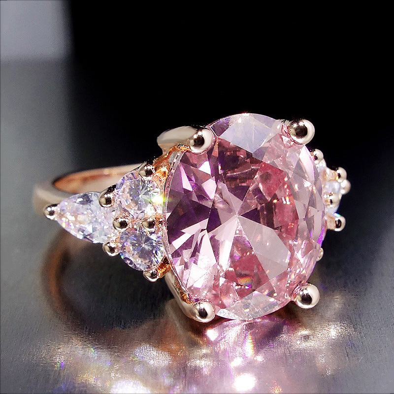 Oval Pink Diamond Ring Pink Crystal Egg-shaped Zircon Platinum-plated Rose Gold