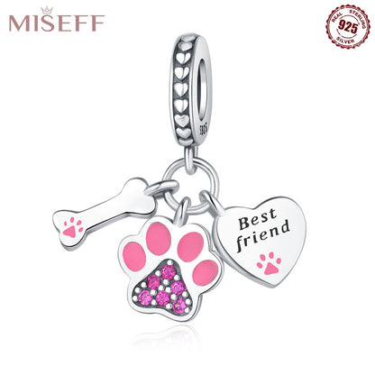 Missif Original 925 Sterling Silver Cute Cat And Dog Bone Paw Print Pendant DIY Bracelet Jewelry Accessories Pendant For Women