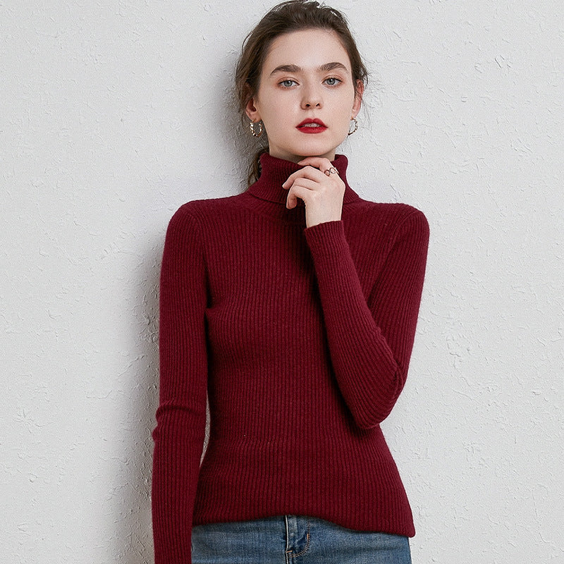 Herbst und Winter Rollkragenpullover Damen Slim-Fit Woll-Kurzpullover Stilvolles, langärmliges, innen gestricktes Basisshirt 