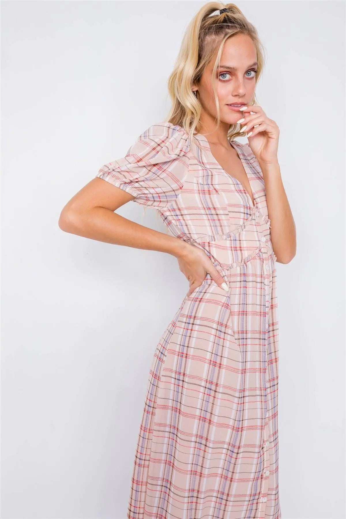 Nude Plaid V-Neck Short Puff Sleeve Frill Trim Casual Midi Dress/4-2-1