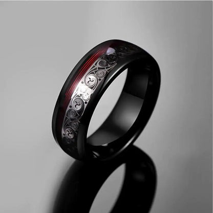 Spiral Motif and Red Guitar String Tungsten Ring