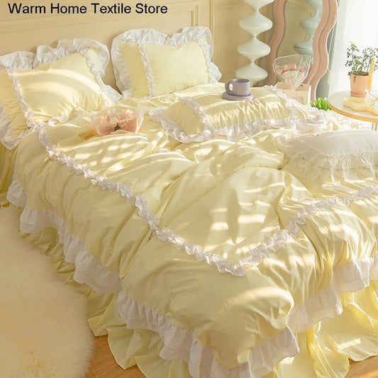 Korean Ins Bedding Set, Luxury Quilt Cover, Pillowcase Flat Bed Sheets, Simple Girl Princess Ruffle Home Textiles