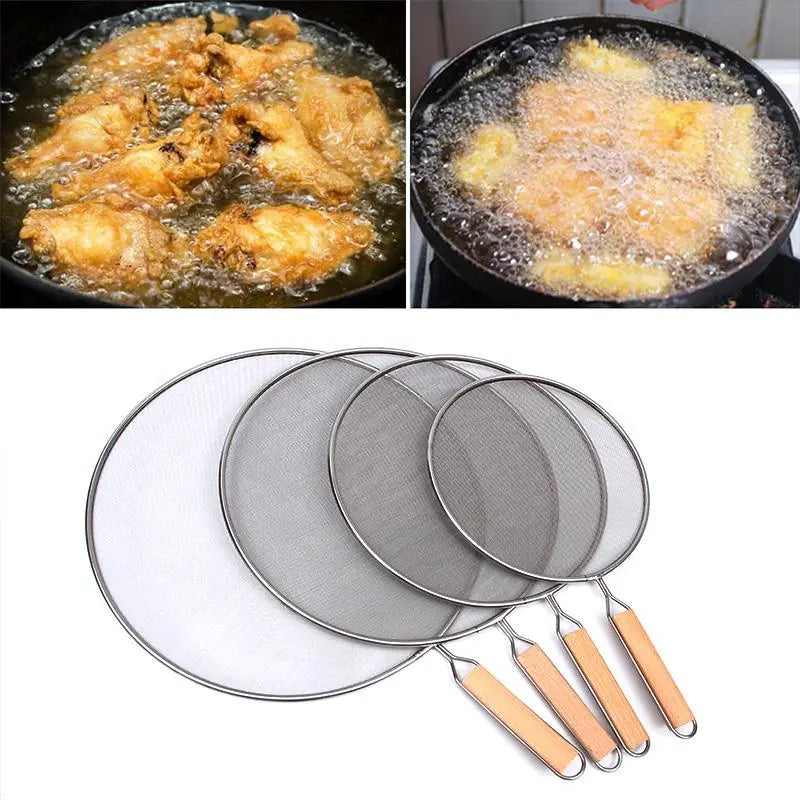 Stainless Steel Splatter Screen For Frying Pans Mesh Guard For Kitchen Cooking Hot Oil Splash Splatter With Wooden Handle