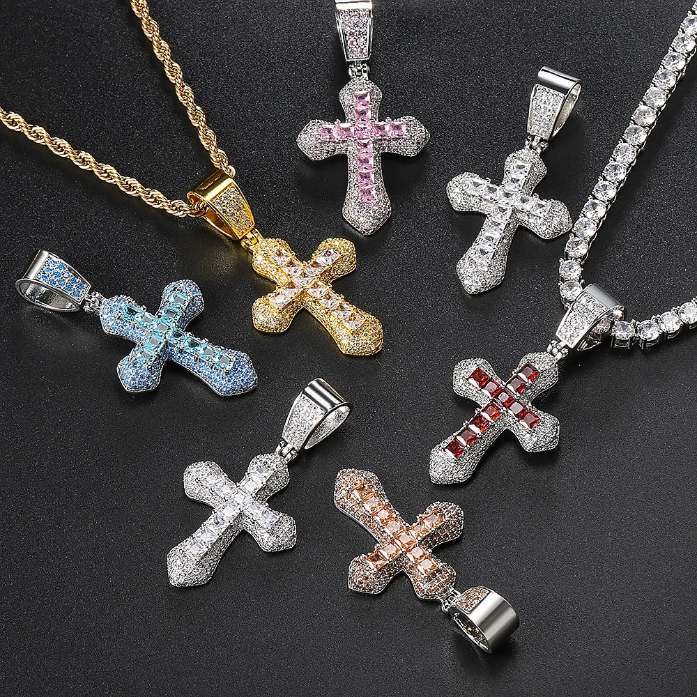 Hip Hop Iced Out AAA+ Cubic Zirconia Cross Pendant Necklace Rope Stainless Steel Chain on Neck Men Male Punk Rock Jewelry OHP155