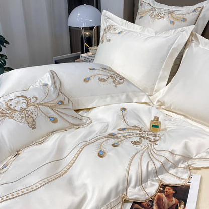 Nordic Bedding Set Luxury Gold Feather Embroidery 100 Egyptian Cotton Double Duvet Cover Bed Sheets and Pillowcases Bed Set