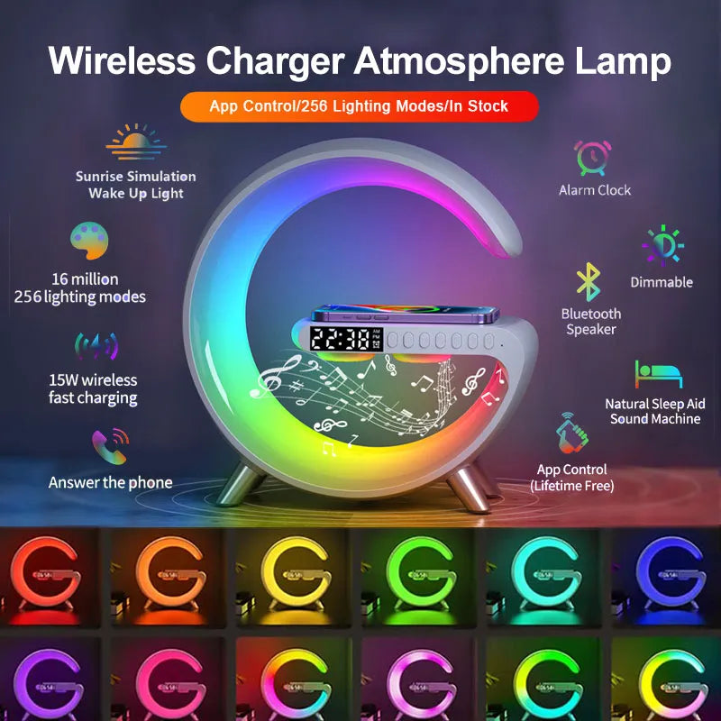 Chargeur sans fil multifonctionnel, réveil, haut-parleur, lumière RGB, Station de charge rapide pour iPhone 11 12 13 14 Samsung