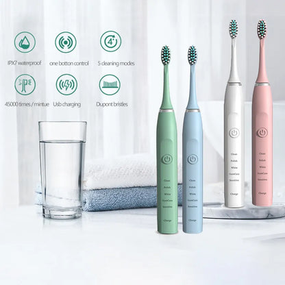 Sonic Electric Toothbrush Timer Brush 5 Mode USB Charger Rechargeable Deep Clean Tooth Brushes Replacement Heads Set For Adults