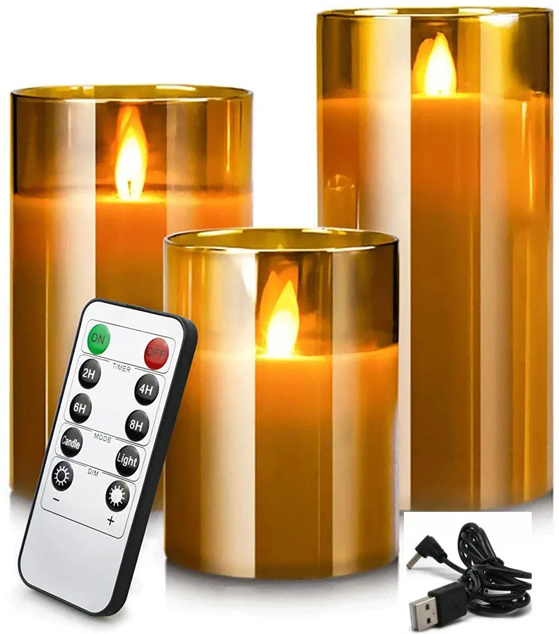 USB wiederaufladbares LED-Stumpenkerzen-Set, flammenlos, flackernder beweglicher Docht, Paraffin-Echtwachs, ferngesteuert, mit Timer, Glaslichter