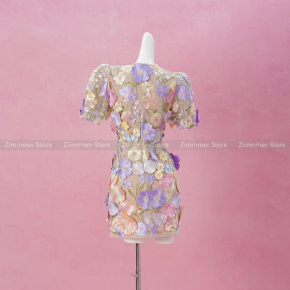 High quality! 2024 spring new French holiday style three-dimensional flowers V-neck dress women!