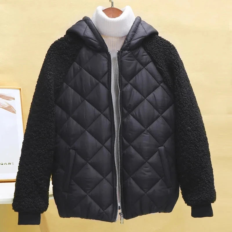 Thin Light Down Cotton Jacket Female Short Coat Autumn Winter Women's 2023 New Hooded Loose Lmitation Lamb Wool Cotton Jacket