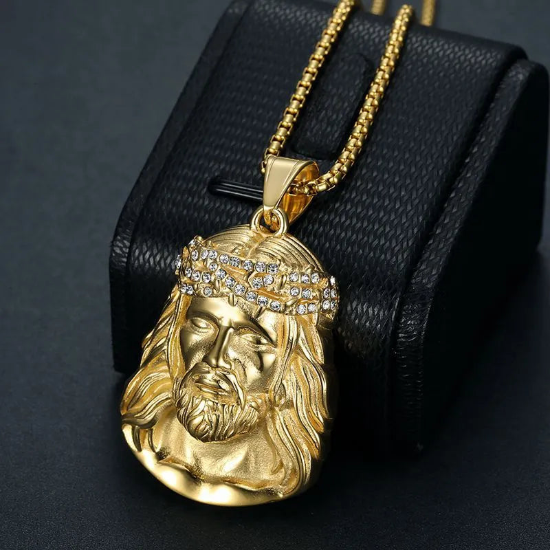 Stainless Steel Titanium Hip Hop God Jesus Human Head Luxury Gold Plated Pendant Collar Chains Necklace for Men Women Jewelry