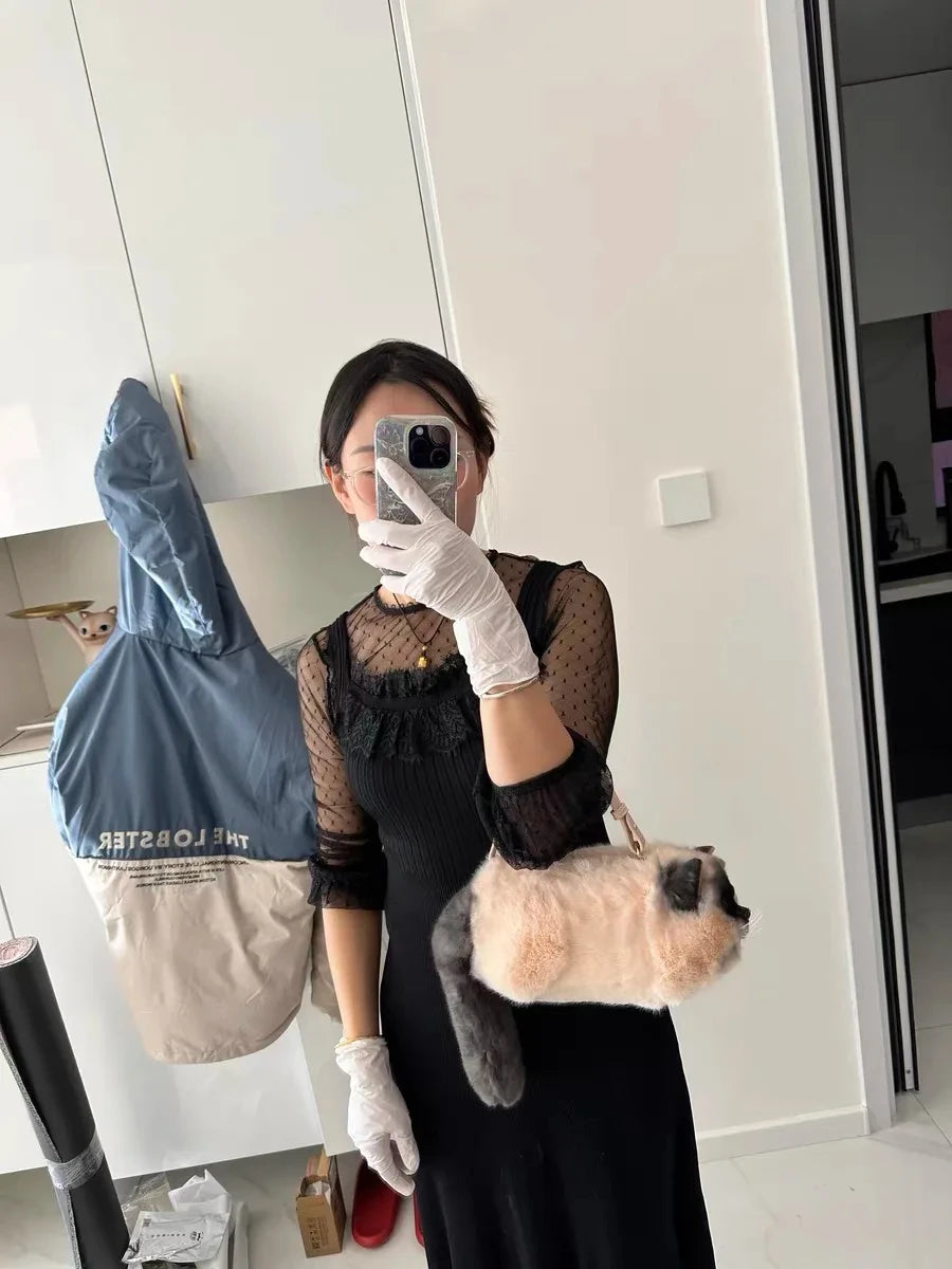 JIAERDI Lolita Plush Cute Cat Bag Women Harajuku Animal Circular Fur Soft Kawaii Hand Bag Female Sweet Cool Black Crossbody Bags