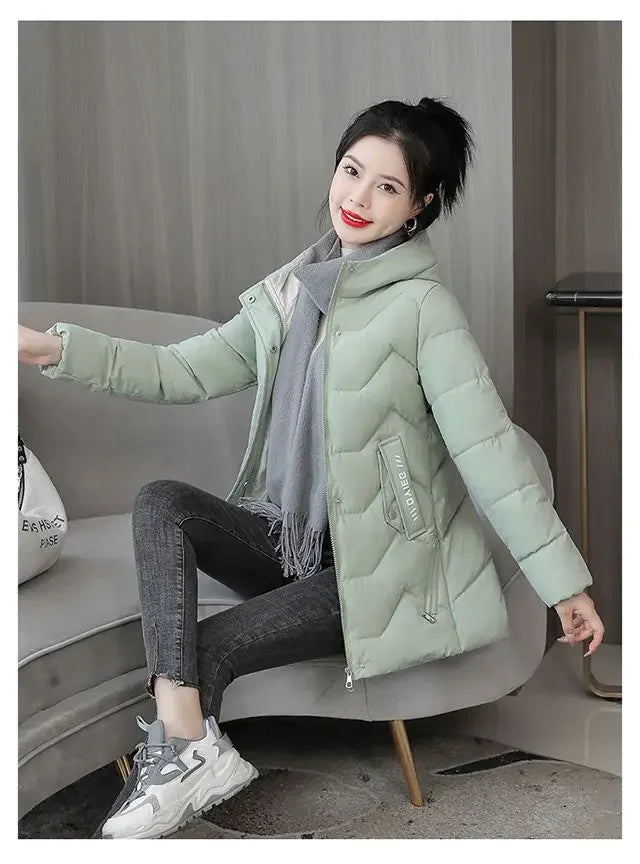 Winter Fashion Women Mid Length Down Cotton Jacket Korean Loose Thick Warm Padded Coat Female Hooded Parkas Outerwear Winter