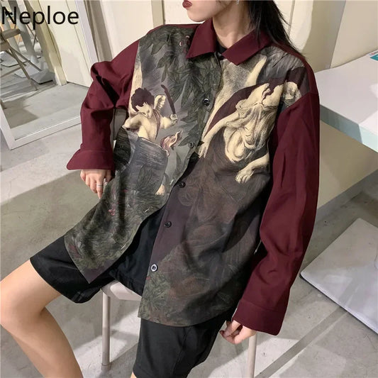 Neploe Vintage ange imprimé chemisier chemise japonais Streetwear Blusas Cardigan à manches longues surdimensionné hauts femmes hommes vêtements Blusas