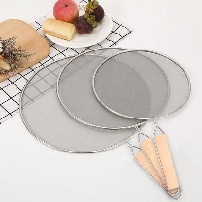 Stainless Steel Splatter Screen For Frying Pans Mesh Guard For Kitchen Cooking Hot Oil Splash Splatter With Wooden Handle