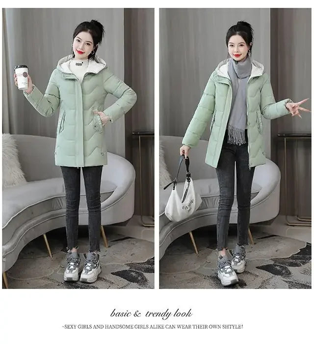 Winter Fashion Women Mid Length Down Cotton Jacket Korean Loose Thick Warm Padded Coat Female Hooded Parkas Outerwear Winter