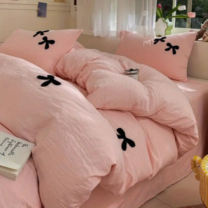 Princess Bowknot Bedding Set Pink Duvet Cover Bed Flat Sheet Girls Solid Color Bed Linens Washed Cotton Bedclothes Single Double