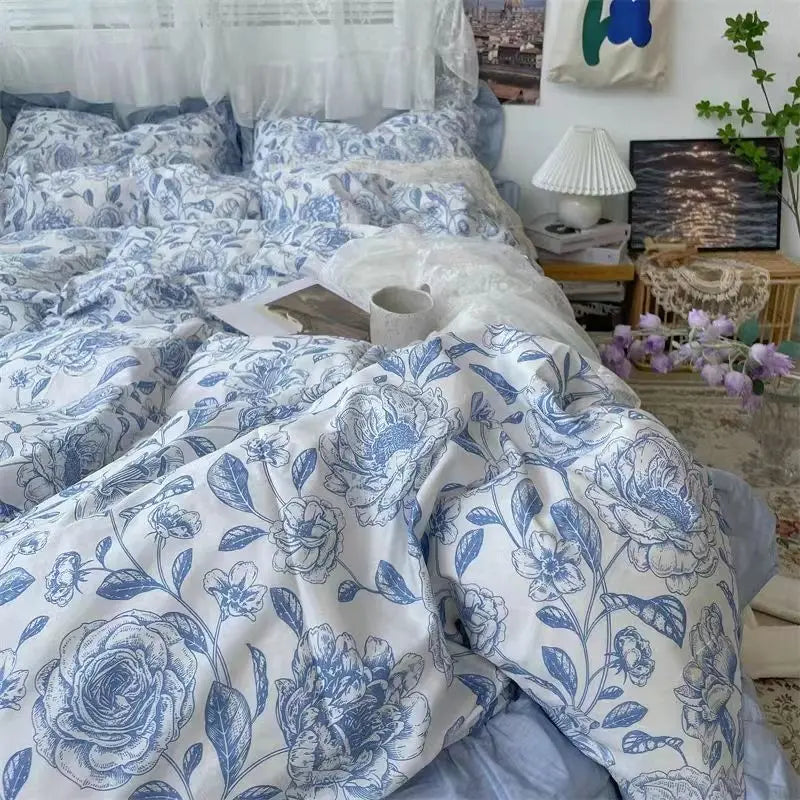 Floral Blue Bedding Set No Filler Ins Style Duvet Cover Pillowcase Flat Sheet Single Twin Queen Size Boys Girls Bed Linens