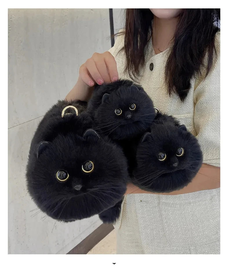 JIAERDI Lolita Plush Cute Cat Bag Women Harajuku Animal Circular Fur Soft Kawaii Hand Bag Female Sweet Cool Black Crossbody Bags