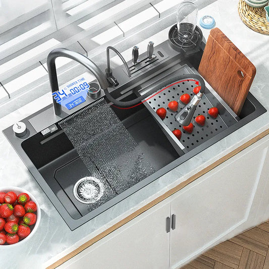 Large 304 Stainless Steel Kitchen Waterfall Sink Digital Display Single Sink Dish Basin Sink with Multifunction Touch Waterfall