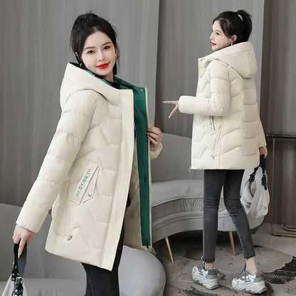 Winter Fashion Women Mid Length Down Cotton Jacket Korean Loose Thick Warm Padded Coat Female Hooded Parkas Outerwear Winter