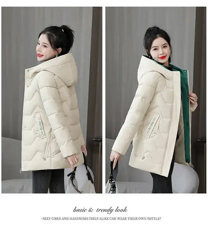 Winter Fashion Women Mid Length Down Cotton Jacket Korean Loose Thick Warm Padded Coat Female Hooded Parkas Outerwear Winter