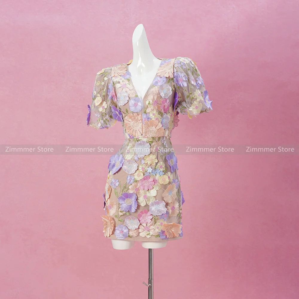 High quality! 2024 spring new French holiday style three-dimensional flowers V-neck dress women!