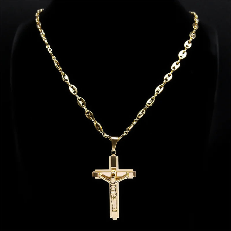 Jesus Cross Crucifix Pendant Necklace for Men Stainless Steel Gold Color Christian Coffee Bean Chain Jewelry croix chrétienne