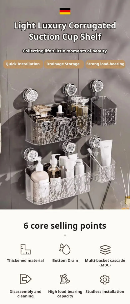 Light Luxury Style Glacier Pattern Suction Cup Shelf Punch-Free Wall Mounted Storage Rack Draining Basket Holder for Bathroom